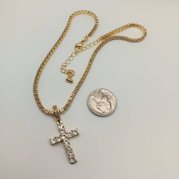 CZ Cross Pendant Gold Tennis Choker Necklace – 16"+3" Extender, 2-in-1 Look - Picture 3 of 3